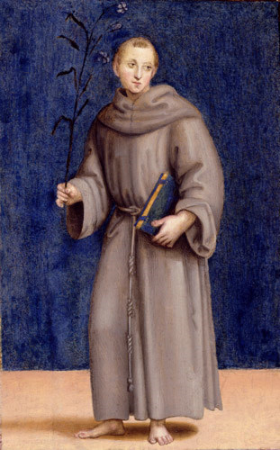 A balding white man in a brown monk's robe with robe belt, a blue book under one arm, and a long plant sprig in the other hand. Behind him is a blue background, and standing on peach colored ground.